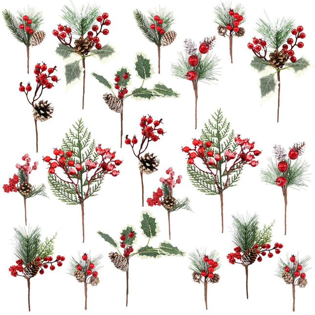 20 Pack Artificial Christmas Tree Picks Assorted Christmas Sprigs Snowy Red Berry Pine Picks Spray with Pinecones Apples Holly Berries Leaves for Toppers Wreath Garland Winter Holiday Déco