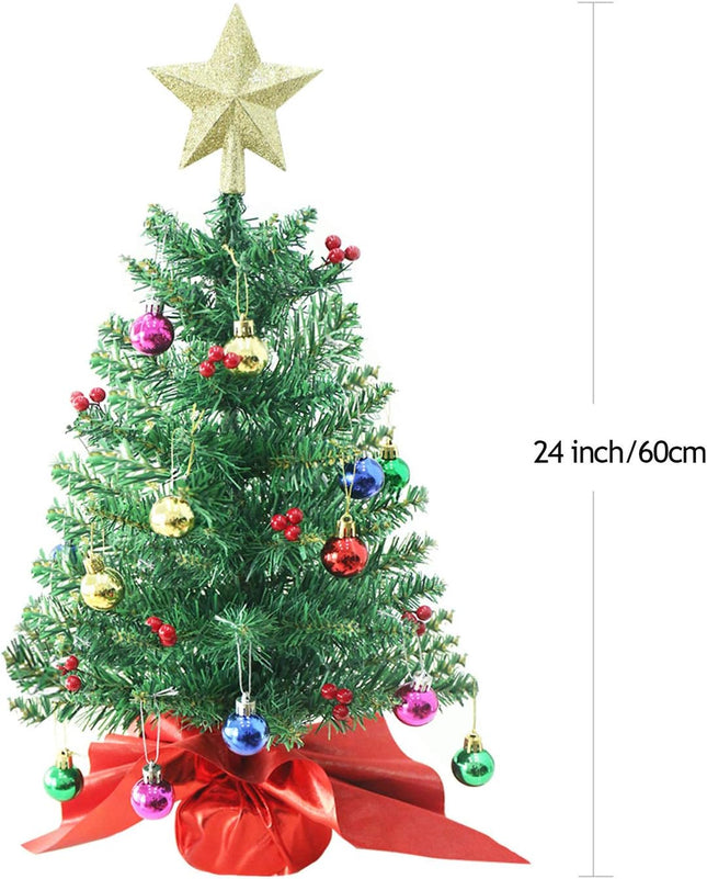 24 Inch Tabletop Christmas Tree, Artificial Mini Xmas Pine Tree with LED String Lights and Ornaments,Christmas Decoration Tree Decor