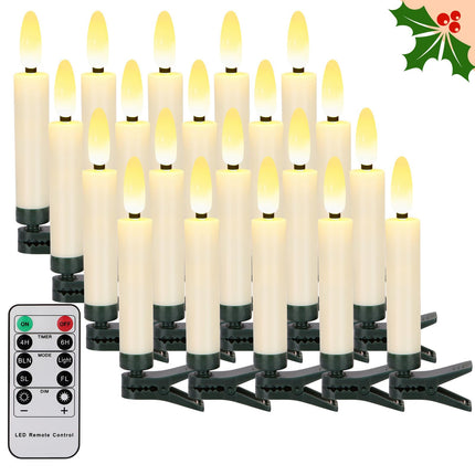 20 PCS Christmas Tree Candles Lights Flickering,Clip on Candle Battery Operated Taper Candle Stick with Timer,Mini Flameless Candles for Wreath Candelabra Waterproof Outdoor