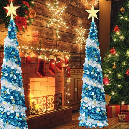 Pop-Up Artificial Christmas Tree, Collapsible Pencil Christmas Trees with 100LED Lights and Topper Star for Holiday Carnival Party Christmas Decorations (Blue)