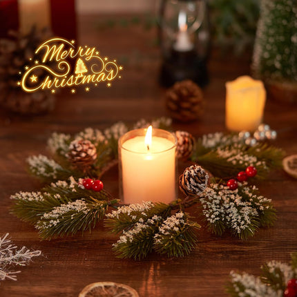 Christmas Candle Rings-4pcs Mini Small Christmas Wreaths for Kitchen Cabinets- Frosted Cedar Christmas Candle Rings Wreaths for Pillars/Window/Chair Wall-Christmas Table Centerpieces Decorations