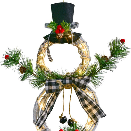 Artiflr 16 x 8 Inch Lighted Christmas Wreath Decoration, Grapevine Wreath with Hat and Bow Snowman Shape Wreath for Front Door Home Wall Decor (White)