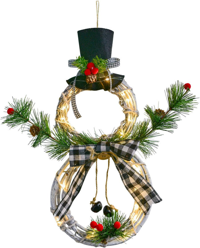 Artiflr 16 x 8 Inch Lighted Christmas Wreath Decoration, Grapevine Wreath with Hat and Bow Snowman Shape Wreath for Front Door Home Wall Decor (White)