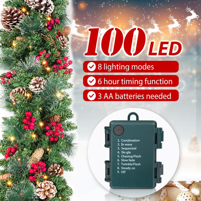 9 FT Prelit Christmas Garland with 100 Colorful LED Lights, 8 Modes 3AA Battery Operated Garland with Timing Function for Home Stairs Fireplace Front Porch Door Display Indoor Christmas Decoration