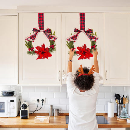 Mini Christmas Wreaths for Kitchen Cabinets - 2 Pcs 10 Inch Small Cabinet Wreath with Plaid Bow Ribbon, Norfolk Pine, Red Berry for Xmas Fireplace Window Farmhouse Indoor Home Wall Decorations