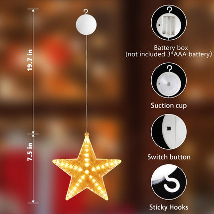 Lomotech Meteor Shower Star Window Lights with Suction Cup, Battery Operated 7.8 Inch Warm White Star Lights with Timer Function for Christmas Decorations (2 Pack)
