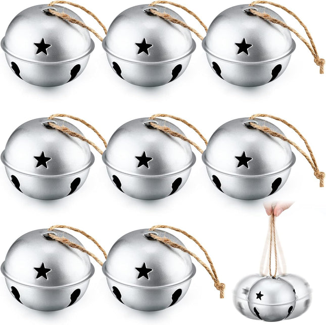 8 Pieces Christmas Bells Jumbo 3.15'' Christmas Star Cutouts Bells Xmas Bells Large Bells for Craft Bells Ornament Christmas Tree Decor, Silver