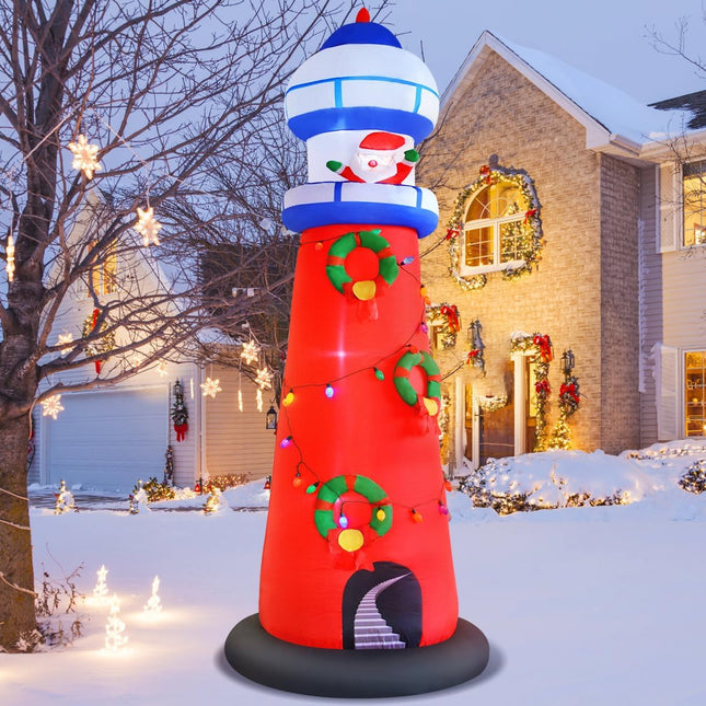 Christmas Inflatable Lighthouse Decorations, 10FT Giant Blow Up Beacon with Santa Claus Built in Colorful LED Bulbs Inflate Lighting House for Xmas Party Winter Holiday Yard Lawn Outdoor Oranments