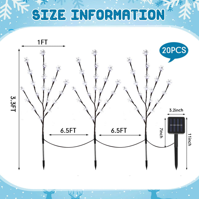 Retisee 6 Pack 120 LEDs Christmas Solar Snowflake Lights Christmas Outdoor Decorations Waterproof Prelit Snowflake Tree 8 Lighting Modes for Garden Path Yard Lawn Pathway Patio Walkway (White)