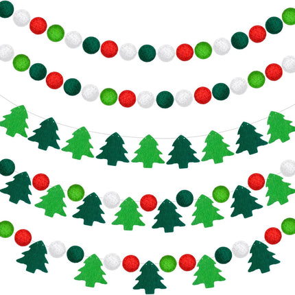 Preboun 5 Pack Christmas Felt Ball Garland Christmas Tree Pom Pom Garland Colourful Felt Balls Red White and Green Pompom Bead String Hanging Garland Banner for Xmas Holiday Wall Home Decor