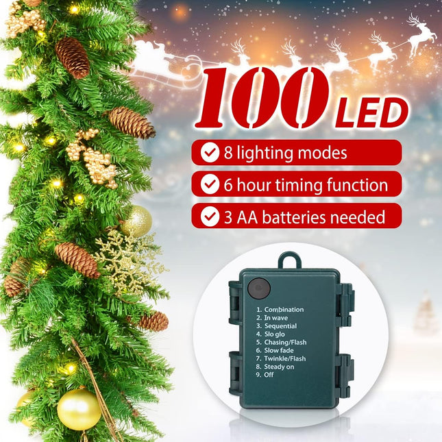 9 FT Prelit Christmas Garland with 100 LED Lights, 8 Modes 3AA Battery Operated Garland Golden Christmas Decoration with Timing Function for Home Fireplace Front Porch Door Display Indoor Outdoor