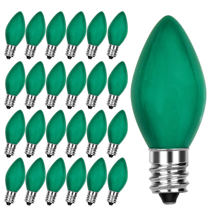 25 Pack C7 LED Green Replacement Bulbs, C7 Green Ceramic Christmas Light Bulbs St. Patrick's Light Bulbs for C7 Christmas Light Night Light Candle Lamp St. Patrick's Day Decor, E12 Candelabra Base