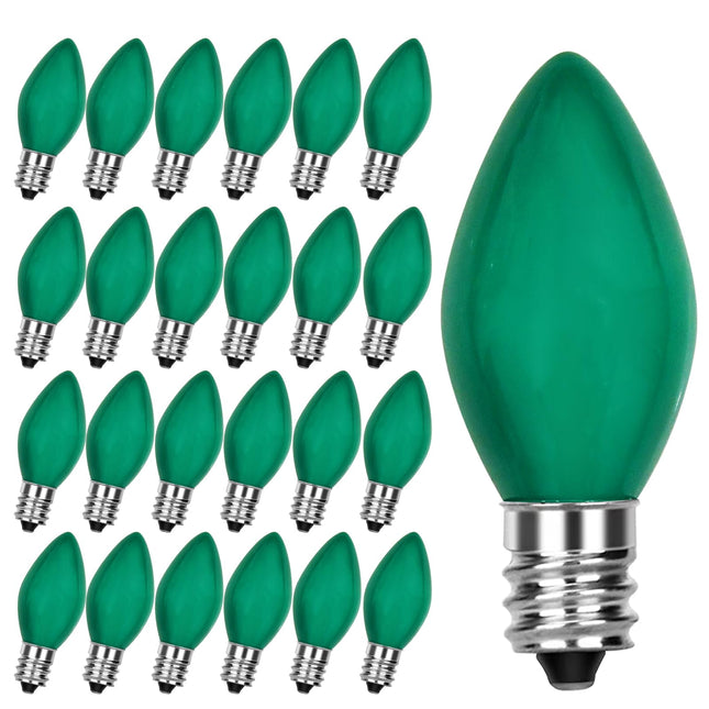25 Pack C7 LED Green Replacement Bulbs, C7 Green Ceramic Christmas Light Bulbs St. Patrick's Light Bulbs for C7 Christmas Light Night Light Candle Lamp St. Patrick's Day Decor, E12 Candelabra Base