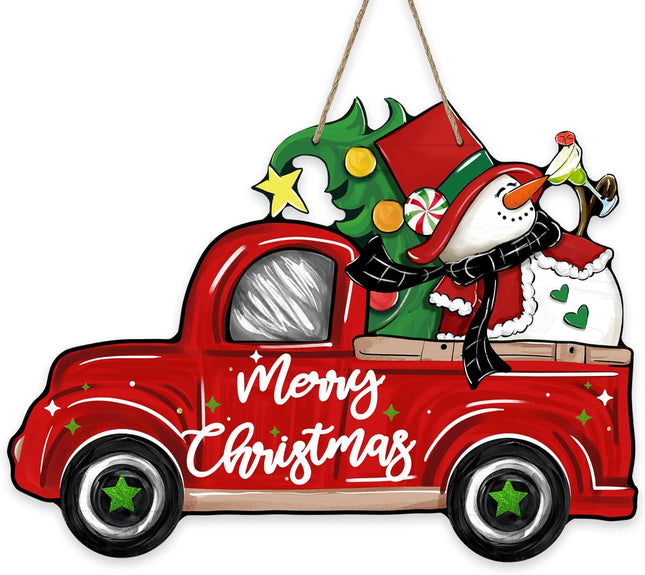 Merry Christmas Red Truck Front Door Sign, Xmas Tree Snowman Wood Door Hanger Outdoor Outside Porch Decor, Funny Winter Holiday Wooden Wreath Indoor Wall Hanging Decoration