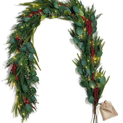 LampLust Christmas Garland with Lights, 6 Ft Lighted Garland, Greenery Garland with Red Berry & Eucalyptus, 100 LED Lights, Battery Powered Timer Included, Garland for Mantle Christmas Decorations