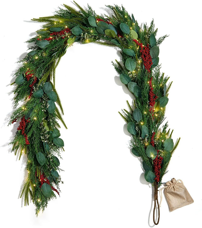 LampLust Christmas Garland with Lights, 6 Ft Lighted Garland, Greenery Garland with Red Berry & Eucalyptus, 100 LED Lights, Battery Powered Timer Included, Garland for Mantle Christmas Decorations