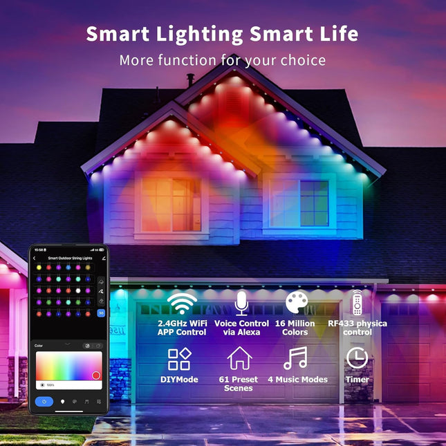Permanent Outdoor Lights 50.5ft, RGB Smart Eaves Lights with 30 LED Lights, IP65 Waterproof Lighting House Lights Outdoor for Halloween, Christmas, Work with Alexa, Black