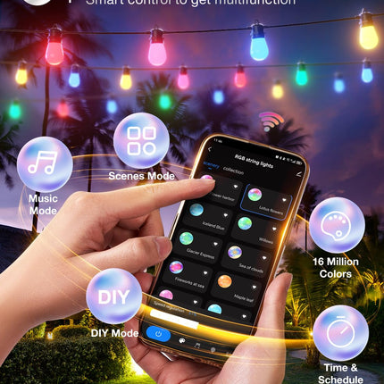 addlon 48FT Smart RGB Outdoor String Lights, Dimmable Patio Lights with 15 Waterproof Shatterproof LED Bulbs, Color Changing String Lights APP Control (Remote not Included), Music Sync for Party