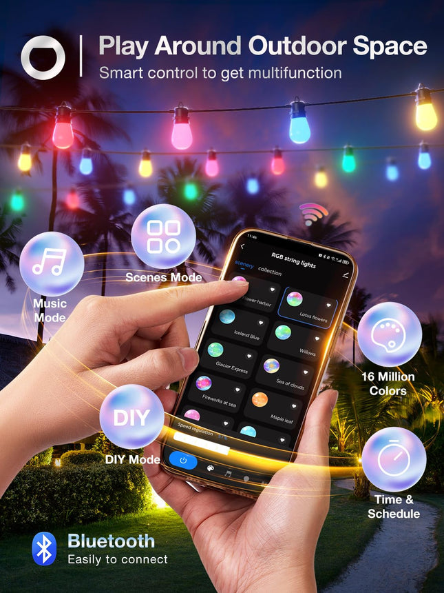 addlon 48FT Smart RGB Outdoor String Lights, Dimmable Patio Lights with 15 Waterproof Shatterproof LED Bulbs, Color Changing String Lights APP Control (Remote not Included), Music Sync for Party