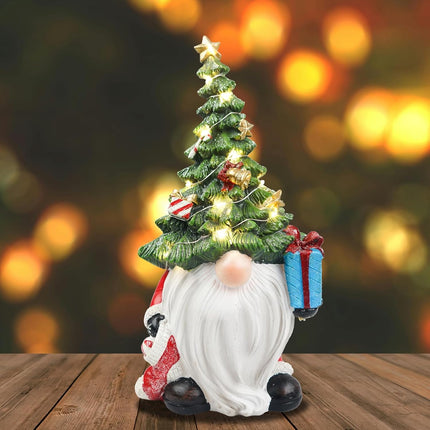 Lighted Christmas Tree Gnome Decoration - Resin Xmas Gnomes Figurine Light Up for Holiday Winter Indoor Home Table Decor