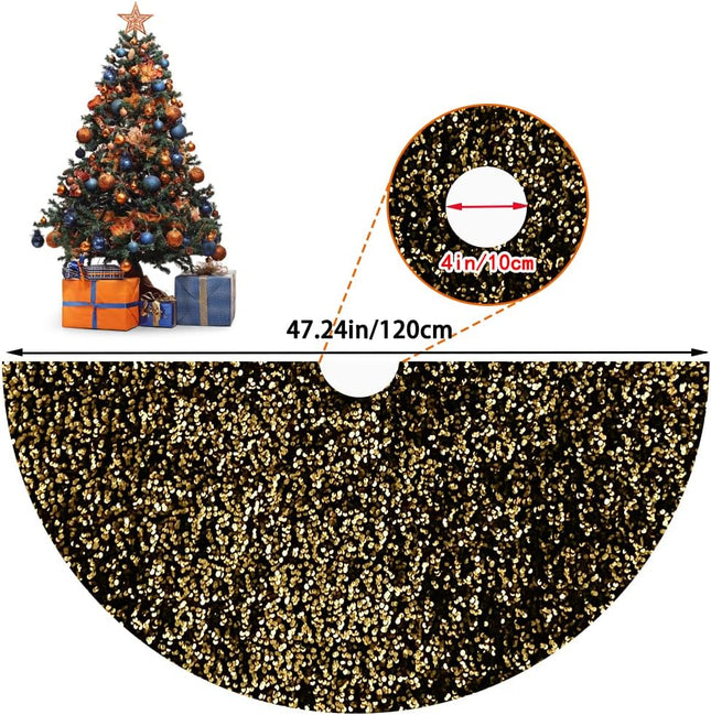 XIMISHOP 48inches Sequin Tree Skirt, Glitter Golden Black Tree Skirt Mat for Christmas Halloween Holiday Tree Decorations