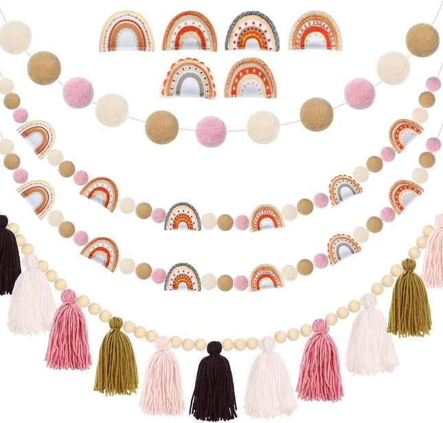 4 Pieces Boho Tassel Garland Rainbow Pom Pom Garland Wall Hanging Decor Pastel Tassel Boho Classroom Decor Felt Colorful Balls Garlands for Classroom Girls Bedroom Nursery Room Birthday Decor