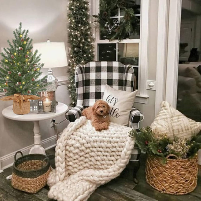 2 Ft prelit Tabletop Mini Christmas Tree with 50 LED,Small Frosted Lighted Artificial Pine Tree with Burlap Base,Pinecone Decoration,2 FT Miniature Farmhouse Xmas Tree Decor for Farmhouse Door
