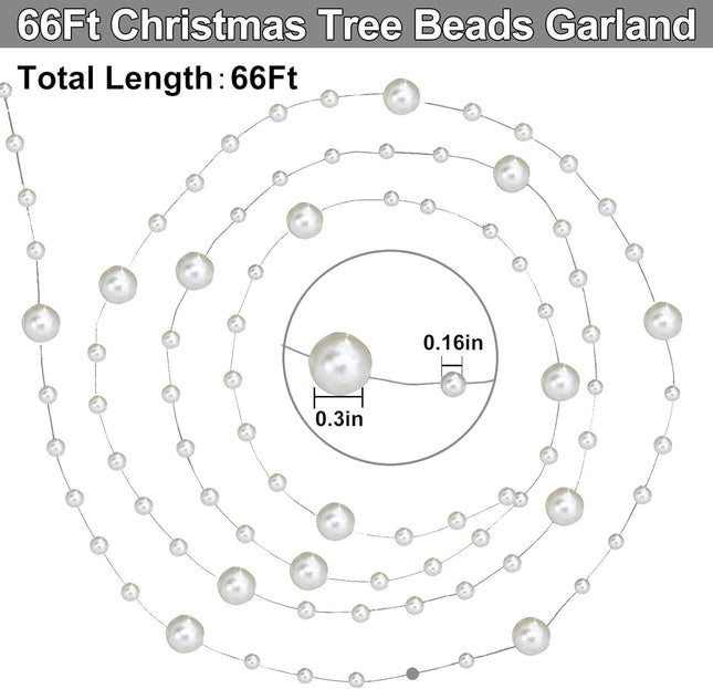TURNMEON 66 Feet Silver Christmas Beads Garland Decoration 2 Sizes Pearl Strands Chain for Christmas Tree Decoration Indoor Outdoor Home Mantle Fireplace Holiday Decor