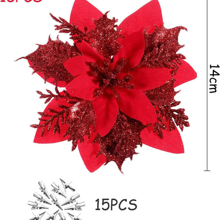 15 PCS Poinsettia Flowers Artificial Poinsettia,Christmas Decorations Poinsettias Artificial Christmas Flowers,Christmas Tree Flower Decorations with Stems DIY Xmas Wreath Year Party Ornament