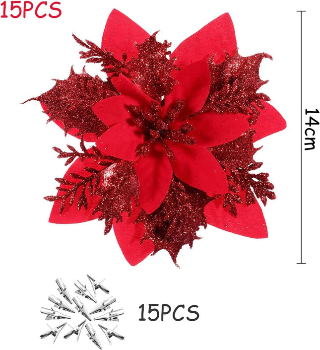 15 PCS Poinsettia Flowers Artificial Poinsettia,Christmas Decorations Poinsettias Artificial Christmas Flowers,Christmas Tree Flower Decorations with Stems DIY Xmas Wreath Year Party Ornament