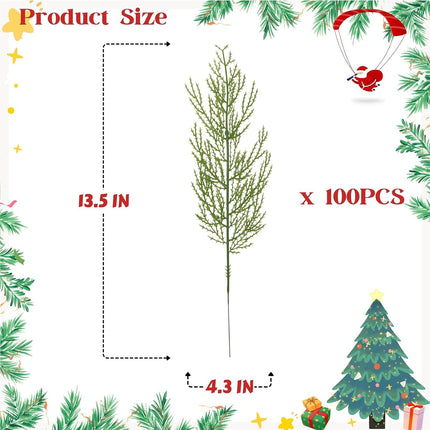 Artificial Pine Branches, 100 Pcs Faux Green Pine Needles Greenery Cedar Twigs Stems for Christmas Decorations Holiday Craft DIY Garden Garland Wreath Xmas Winter Home Decor