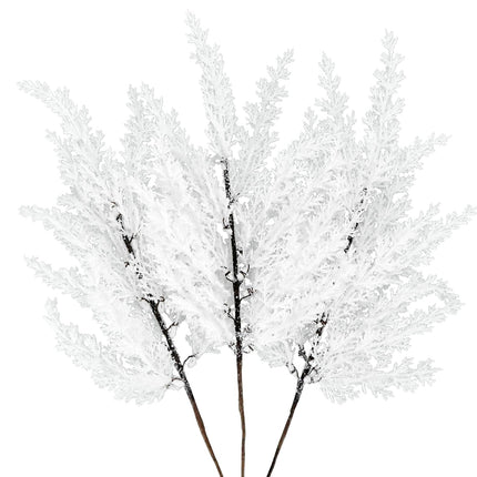 Snowy Artificial Pine Branches Set of 3 Snow Frosted Faux Cedar Stems White Winter Twigs Christmas Picks Greenery Sprays for Xmas Tree Topper Filler DIY Garland Home Vase Table Decoration 17 Inch (3)