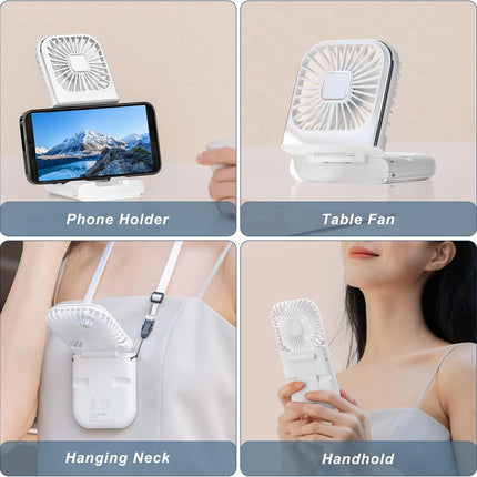 Mini Fan Portable,Handheld Fan Foldable,5 In 1 Neck Fan,Hand Fan,Desk Fan,3000 Mah Power Bank,Phone Holder,Usb Rechargeable