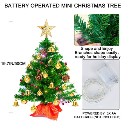 20" Tabletop Mini Christmas Tree, Artificial Small Xmas Tree Decor DIY with 50 LED String Lights,Star Tree Topper, Holly Berries, Pine Cones Ornaments and Wooden Base for Holiday Season Decorations