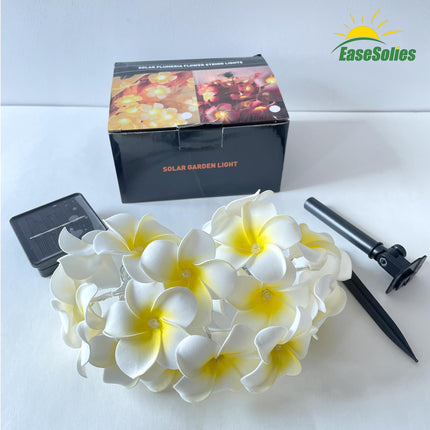 Solar Plumeria Flowers Outdoor Waterproof - 20Ft 20LED Solar Hawaiian Frangipani Flower String Lights, Tropical Flowers Floral Decorative for Garden, Fence, Yard, Patio, Tree Party White