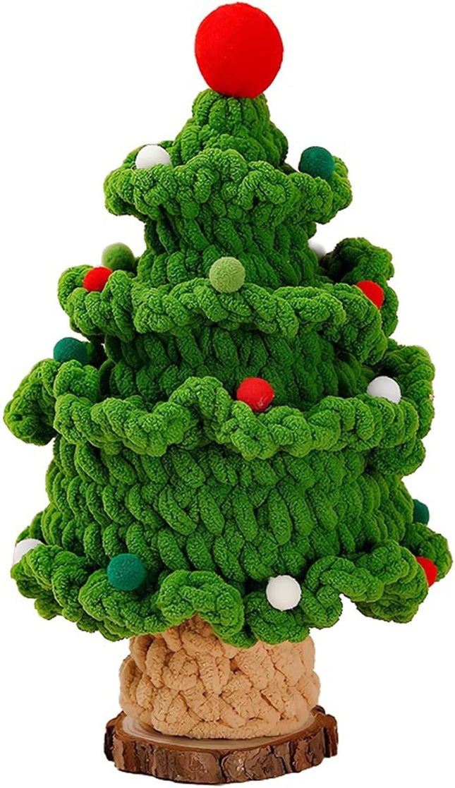 Mini Small Christmas Tree Handcrafted Knit Yarn Tabletop Christmas Trees with Adorable Pom Poms Wood Base Xmas Eve Festive Desktop Decor Cute Warm Holiday Accent Unique Handmade Idea