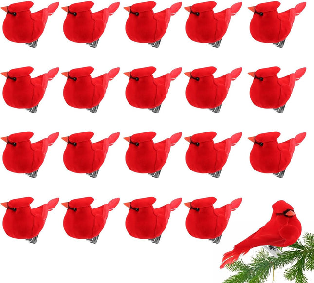 20PCS Christmas Mini Cardinal Clip on Tree Ornaments Bird Decorations, Small Red Artificial Birds Foam Feather Birds for DIY Crafts Christmas Tree Gardening Wreath Decoration(Red)