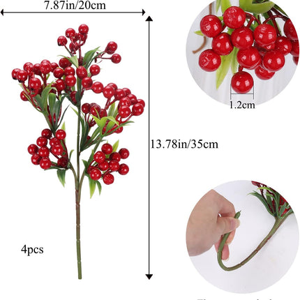 XHXSTORE 4Bundles Artificial Red Berries Christmas Greenery Stems Faux Burgundy Red Holly Berry with Green Leaves for Xmas Tree Home Wedding Flower Arrangement DIY Wreath Holiday Decor