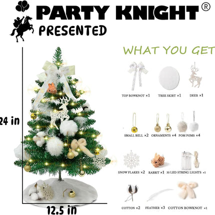 Small Christmas Tree with 1ights - 24" Mini Christmas Tree, Decorated Tabletop Christmas Tree with Tree Skirt, Mini White Christmas Treee with Ornaments, Small Christmas Tree with Decorations