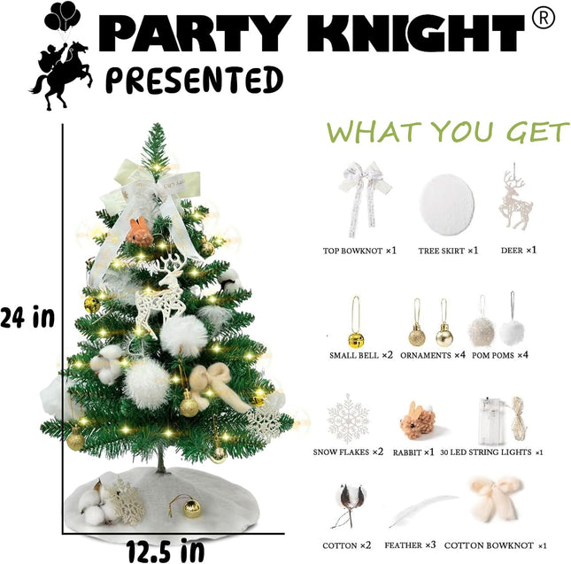 Small Christmas Tree with 1ights - 24" Mini Christmas Tree, Decorated Tabletop Christmas Tree with Tree Skirt, Mini White Christmas Treee with Ornaments, Small Christmas Tree with Decorations