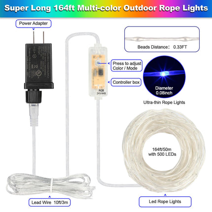 Mlambert 164Ft Multicolor LED Rope Lights with 500 LEDs, 8 Modes 17 Colors RGB Remote Fairy String Lights Waterproof Dimmable for Halloween Christmas