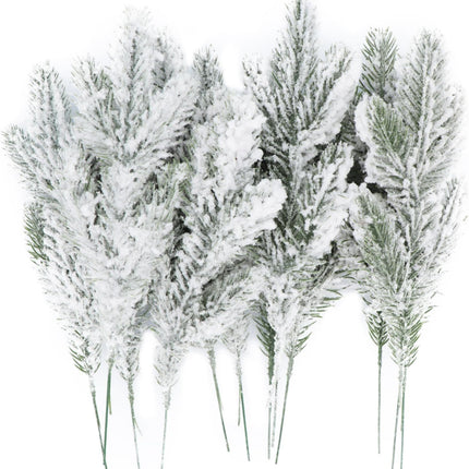 12Pcs Snowy Artificial Pine Needles Branches Twigs 10.6" Fake Frosted Pine Picks Greenery Stems Christmas Pine Tree Picks Winter Fir Pine Sprays Sprigs for Crafts Wreaths Garlands Holiday Decor