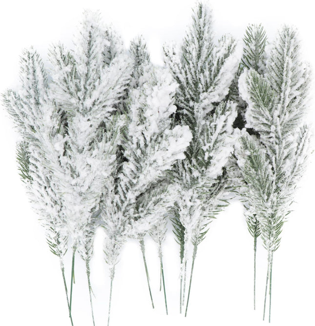 12Pcs Snowy Artificial Pine Needles Branches Twigs 10.6" Fake Frosted Pine Picks Greenery Stems Christmas Pine Tree Picks Winter Fir Pine Sprays Sprigs for Crafts Wreaths Garlands Holiday Decor