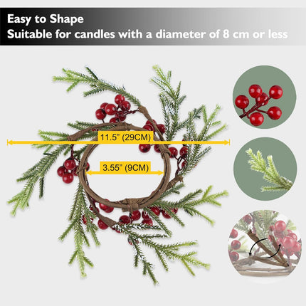 Rhytsing 3 Artificial Christmas Cedar Candle Rings with Red Berries for Pillar Candles, Christmas Wreath for Candlestick Holders, Table Centerpiece, and Dining Table, Inner Diameter: 3.5"