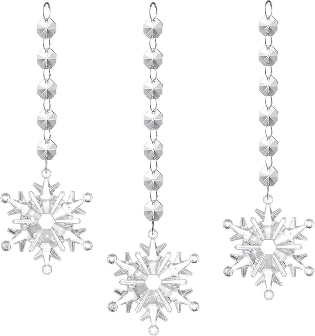 21 Pieces Acrylic Christmas Snowflake Ornament with Octagon Bead Garland Chain Clear Hanging Xmas Tree Pendant Crystal Acrylic Snowflake Bead Garland for Christmas Snow Theme Party Winter, 3 Sizes