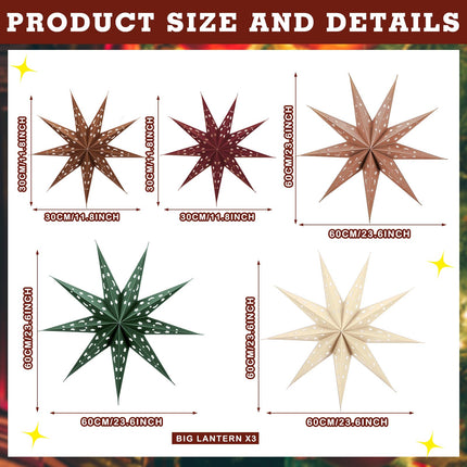 5 Set Christmas 3D Paper Star Lantern 9 Pointed Hanging Star Paper Lantern 24 Inch Hollow Star Paper Lantern Lampshade for Xmas Wedding Birthday Party Decor(Brown, Green, Beige, Red)