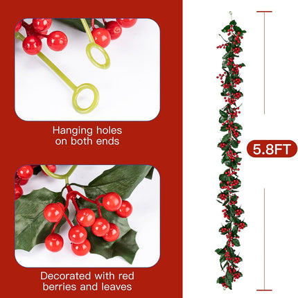 6 FT Red Berry Christmas Garland, Fireplace Decoration for Christmas Holiday Year Decor,Flexible Artificial Berry Garland for Indoor Outdoor Home