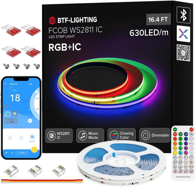 BTF-LIGHTING FCOB WS2811 IC RGB COB LED Strip 16.4FT Chasing Color Tape Light Kit DC24V 630LED/m 10mm Width Dream Color Bluetooth Sync Music Controller for Bedroom, Party, Christmas Decor White PCB