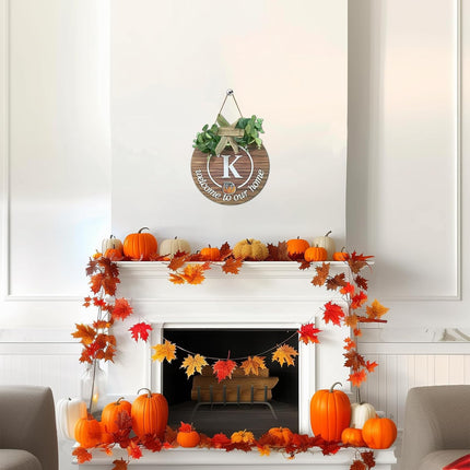 Initial Interchangeable Seasonal Welcome Sign for Front Door Last Name Letter K Front Door Wreath Rustic Home Decor with 15 Changeable Icons for All Seasons Holiday Fall Halloween Christmas Decor