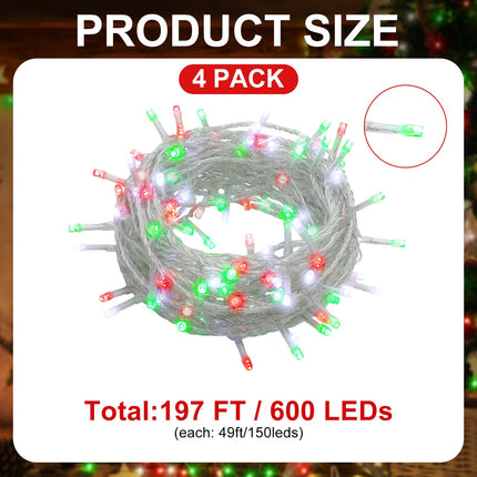 4 Pcs 49 ft Red White Green Christmas String Lights 150 Led Battery Operated Christmas Fairy Lights Timer 8 Modes Waterproof Christmas Outdoor Decoration Lights for Xmas Tree Indoor House